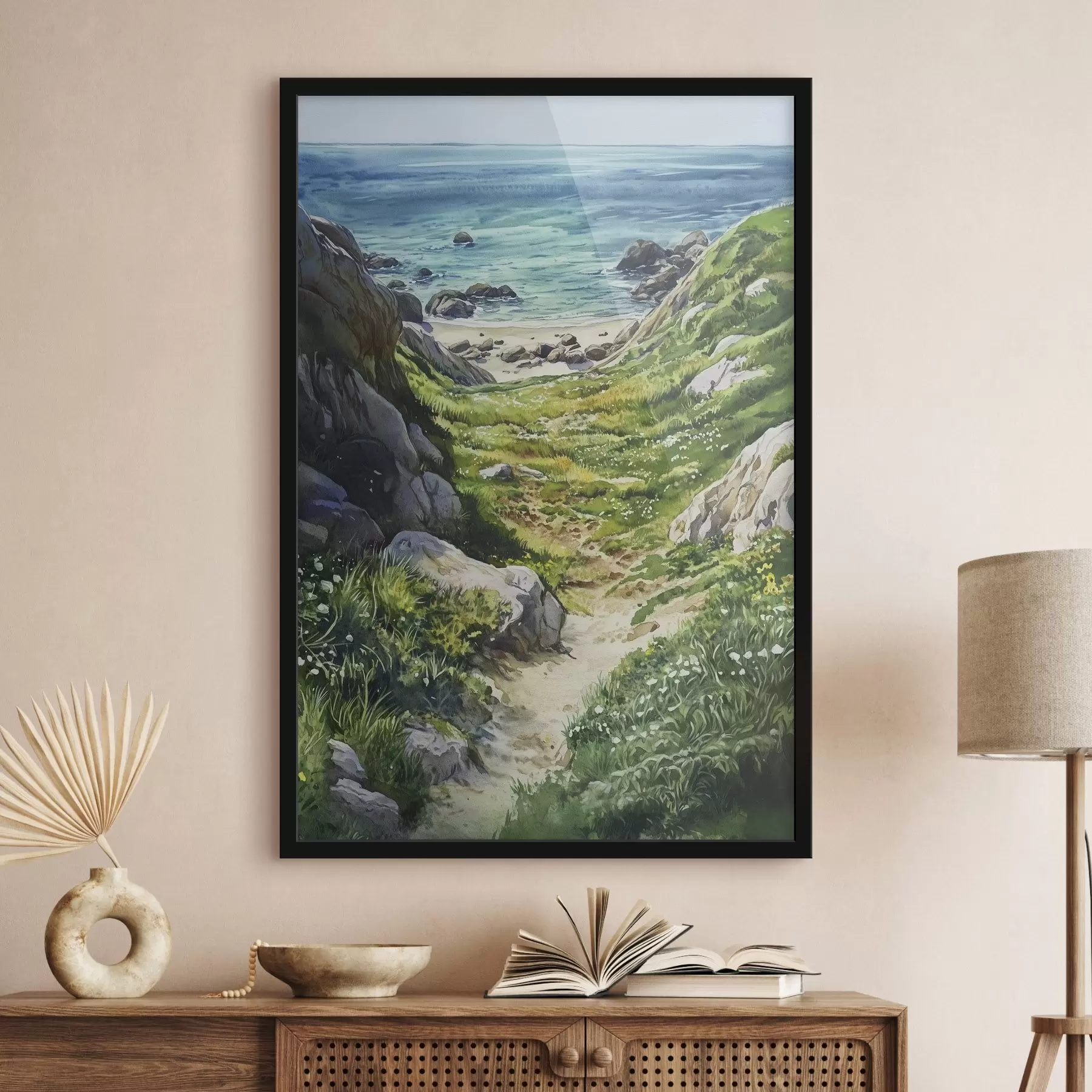 Tableau Côte maritime avec des rochers et de l'herbe verte, style aquarelle, été f44616