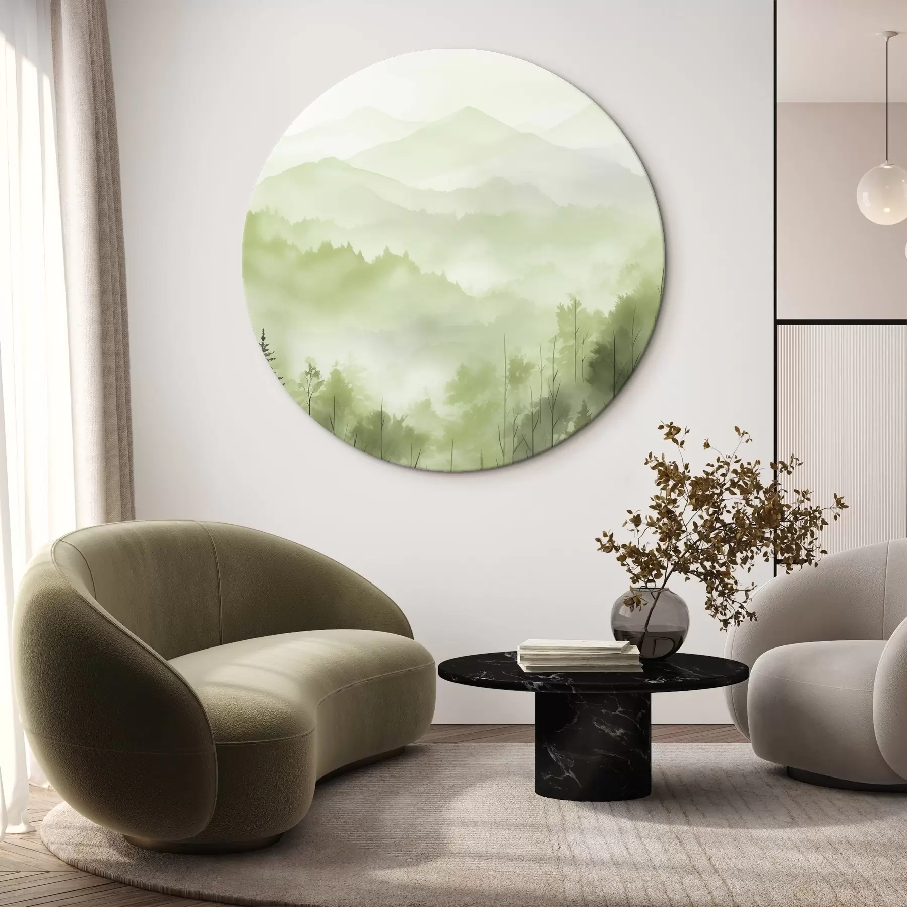 Tableau Montagnes avec paysage forestier, couleurs vertes, style aquarelle r44606