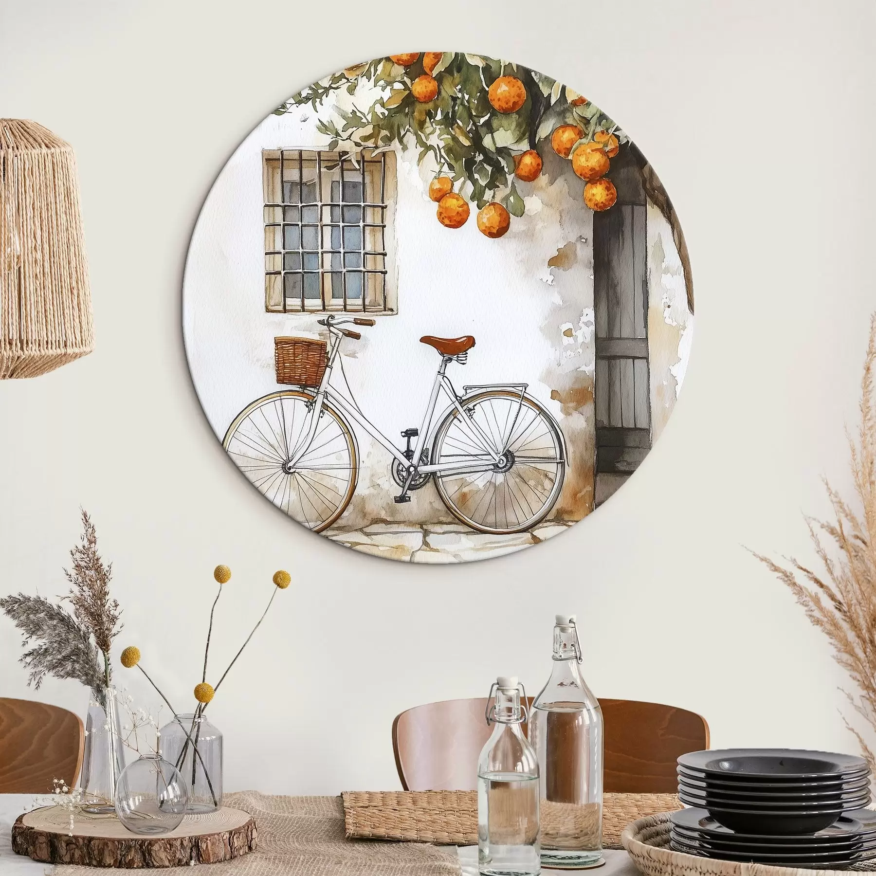 Tableau Maison blanche méditerranéenne avec oranger et bicyclette r44610