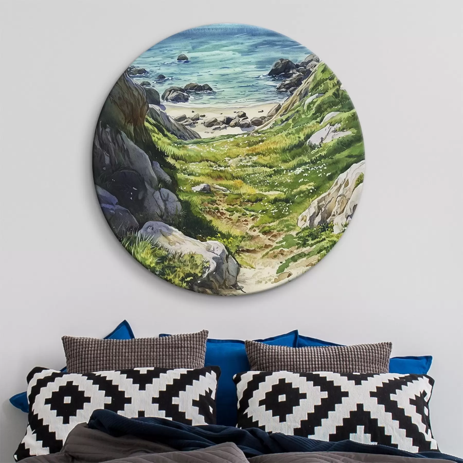 Tableau Côte maritime avec des rochers et de l'herbe verte, style aquarelle, été r44616