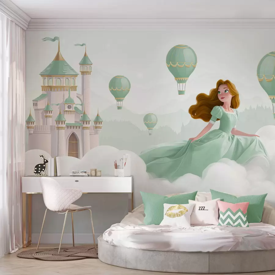 Papier peint Princesse parmi les nuages sur fond de paysage avec château w04015v2