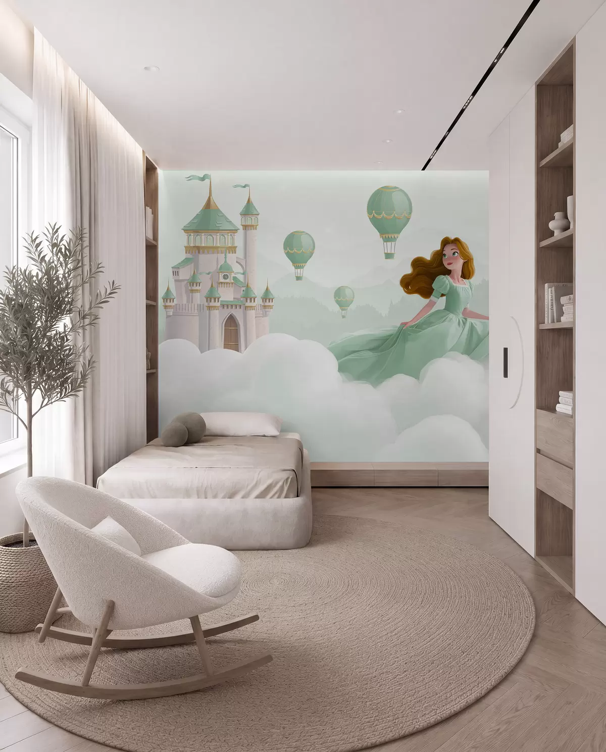 Papier peint Princesse parmi les nuages sur fond de paysage avec château w04015v2