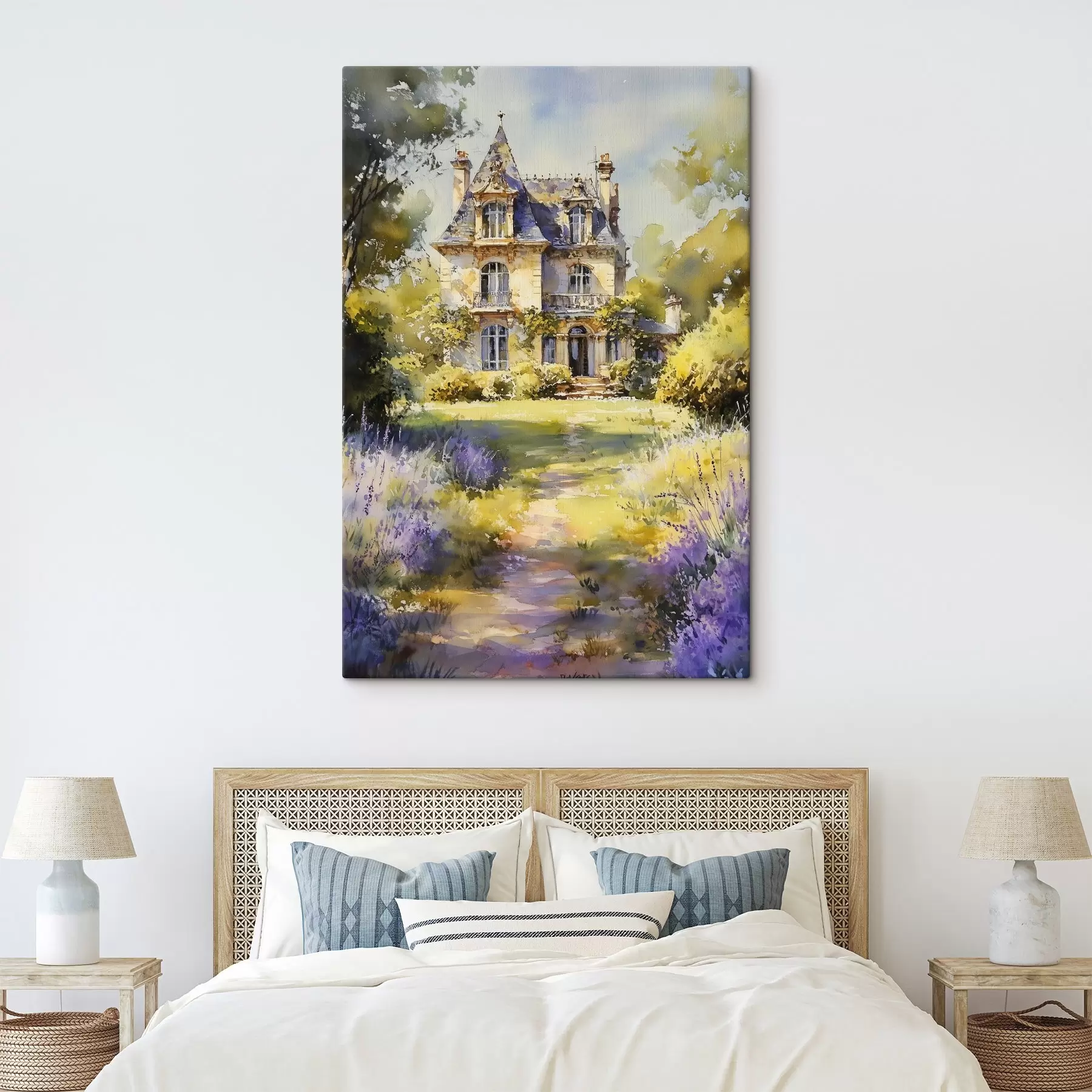 Tableau Chalet de campagne français, style aquarelle, champs de lavande s44501