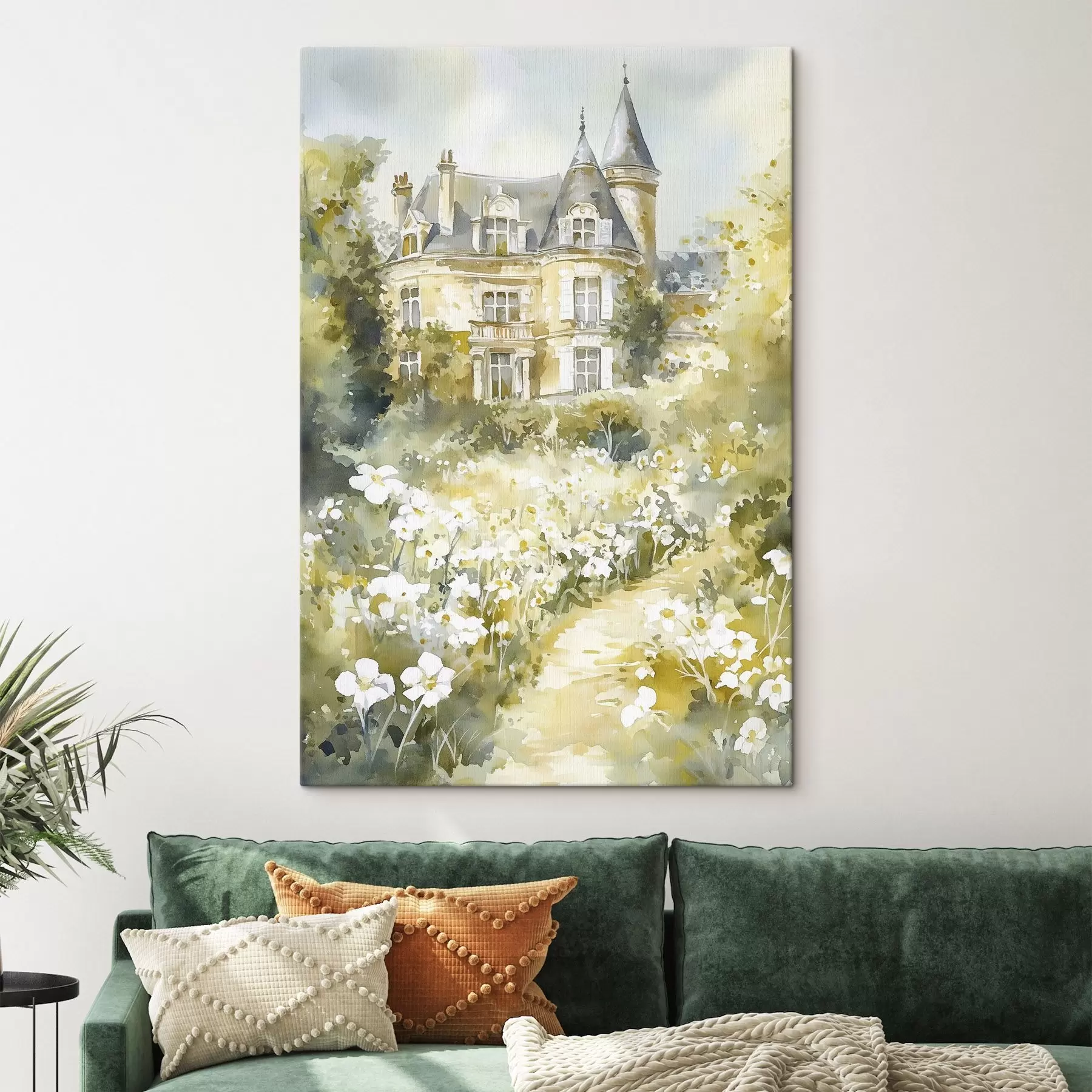 Tableau Beau château avec de la verdure et des fleurs blanches, style aquarelle s44506