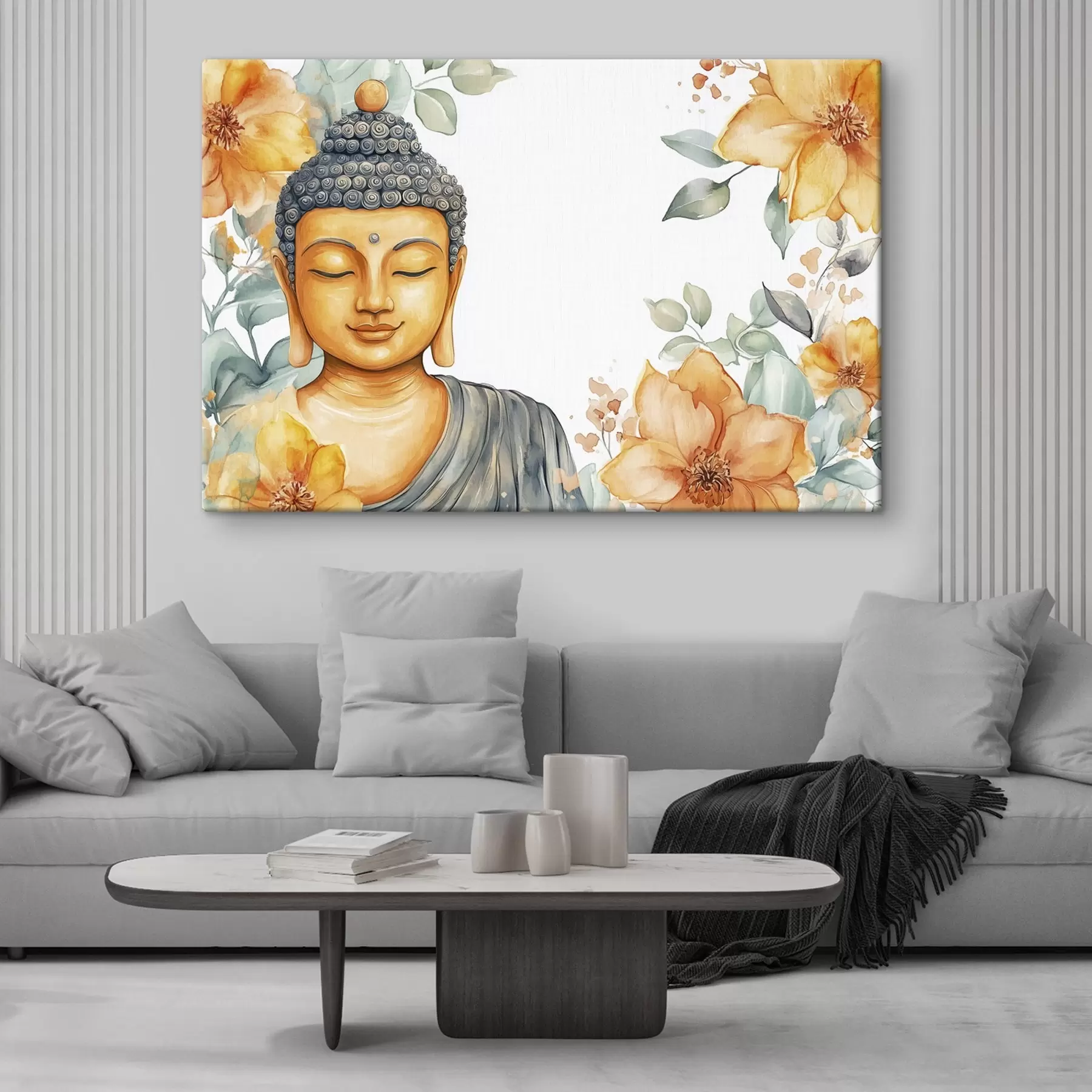 Tableau Bouddha entouré de fleurs orange, style aquarelle s44508