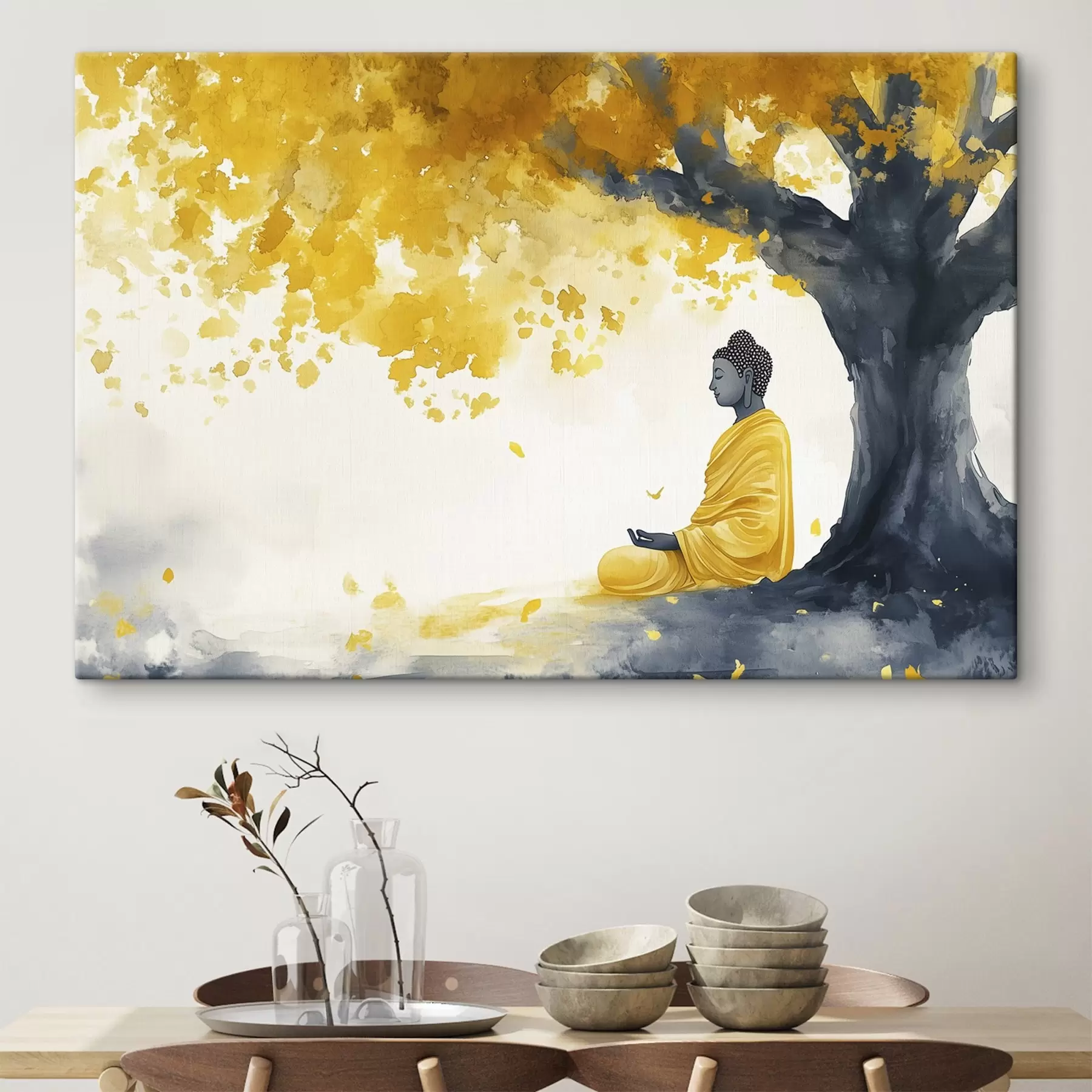 Tableau Bouddha en méditation sous l'arbre, couleurs jaune et grise s44509
