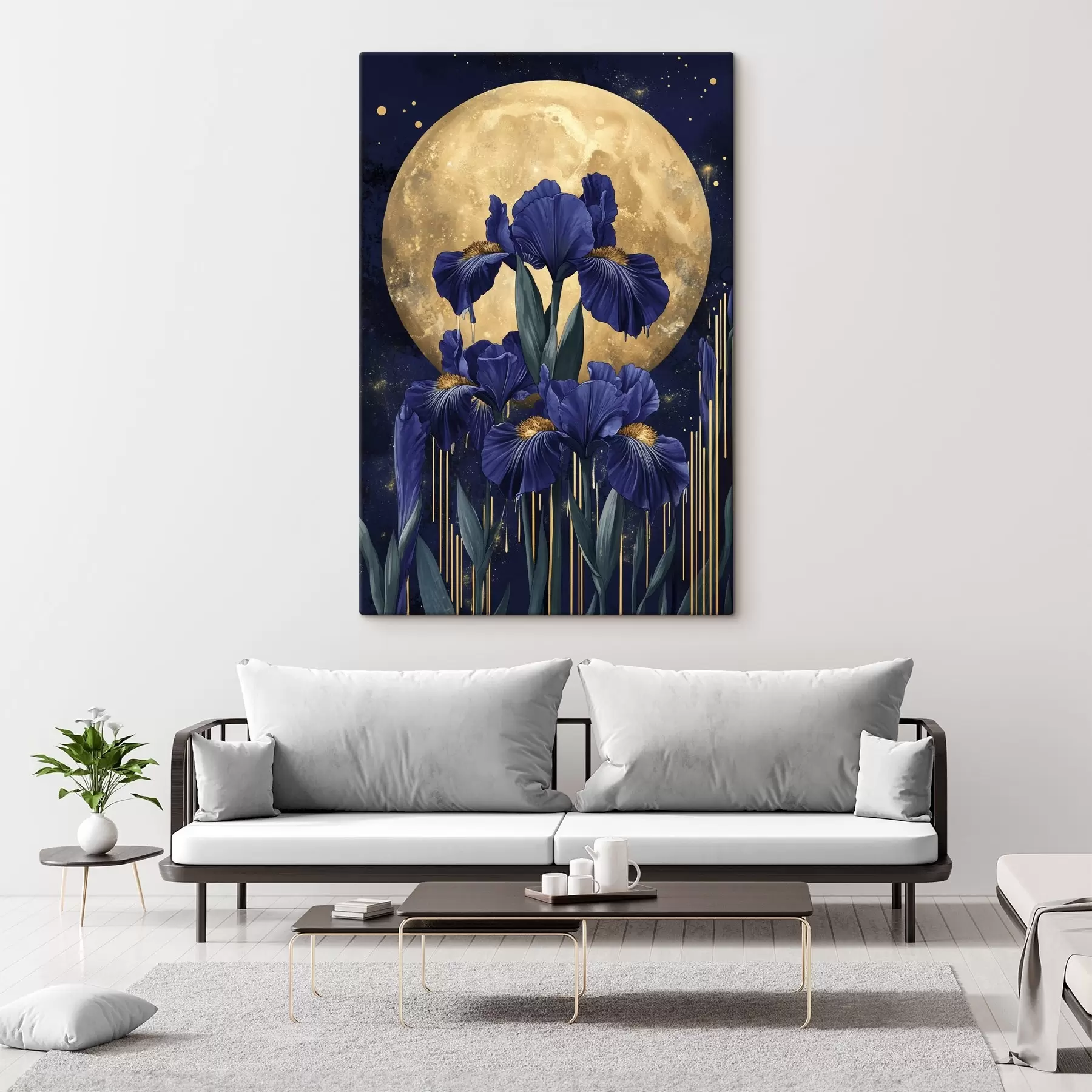 Tableau Fleurs d'iris, lune brillante, ciel nocturne, couleurs bleues s44510