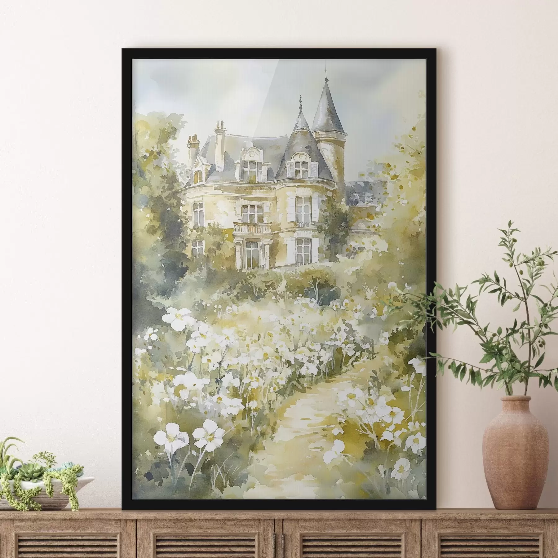 Papier peint Beau château avec de la verdure et des fleurs blanches, style aquarelle f44506