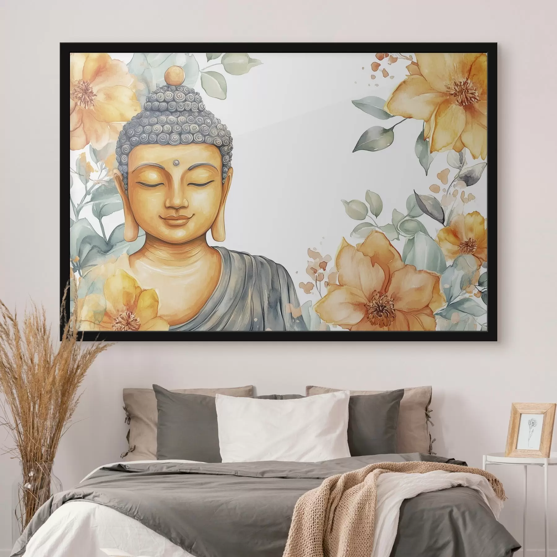 Papier peint Bouddha entouré de fleurs orange, style aquarelle f44508