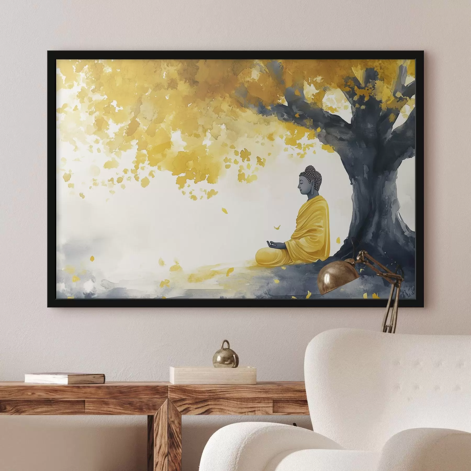 Papier peint Bouddha en méditation sous l'arbre, couleurs jaune et grise f44509