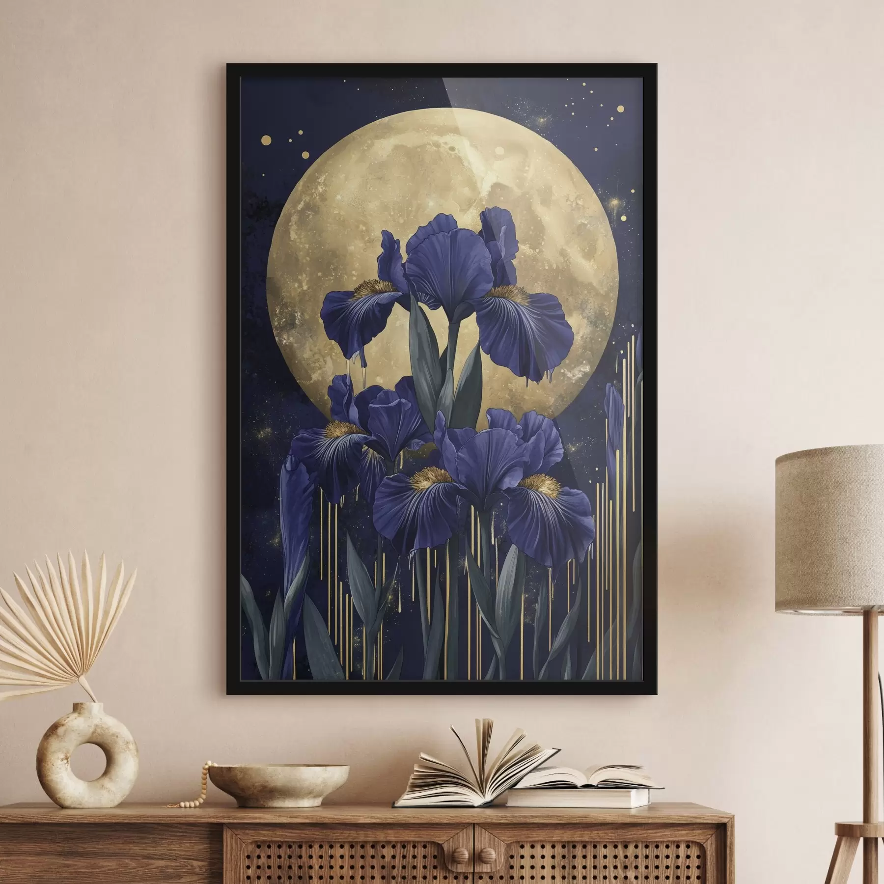 Papier peint Fleurs d'iris, lune brillante, ciel nocturne, couleurs bleues f44510