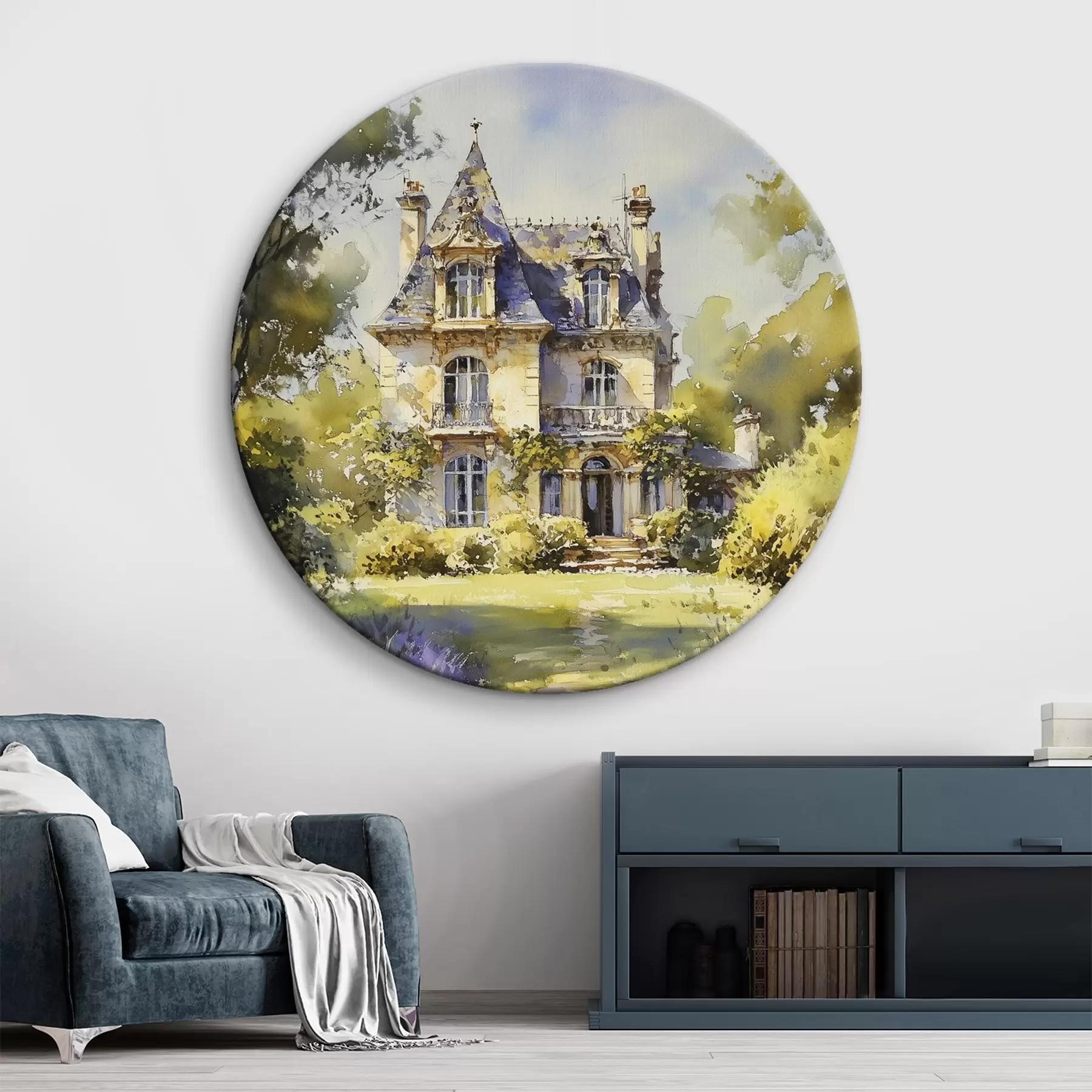Tableau Chalet de campagne français, style aquarelle, champs de lavande r44501