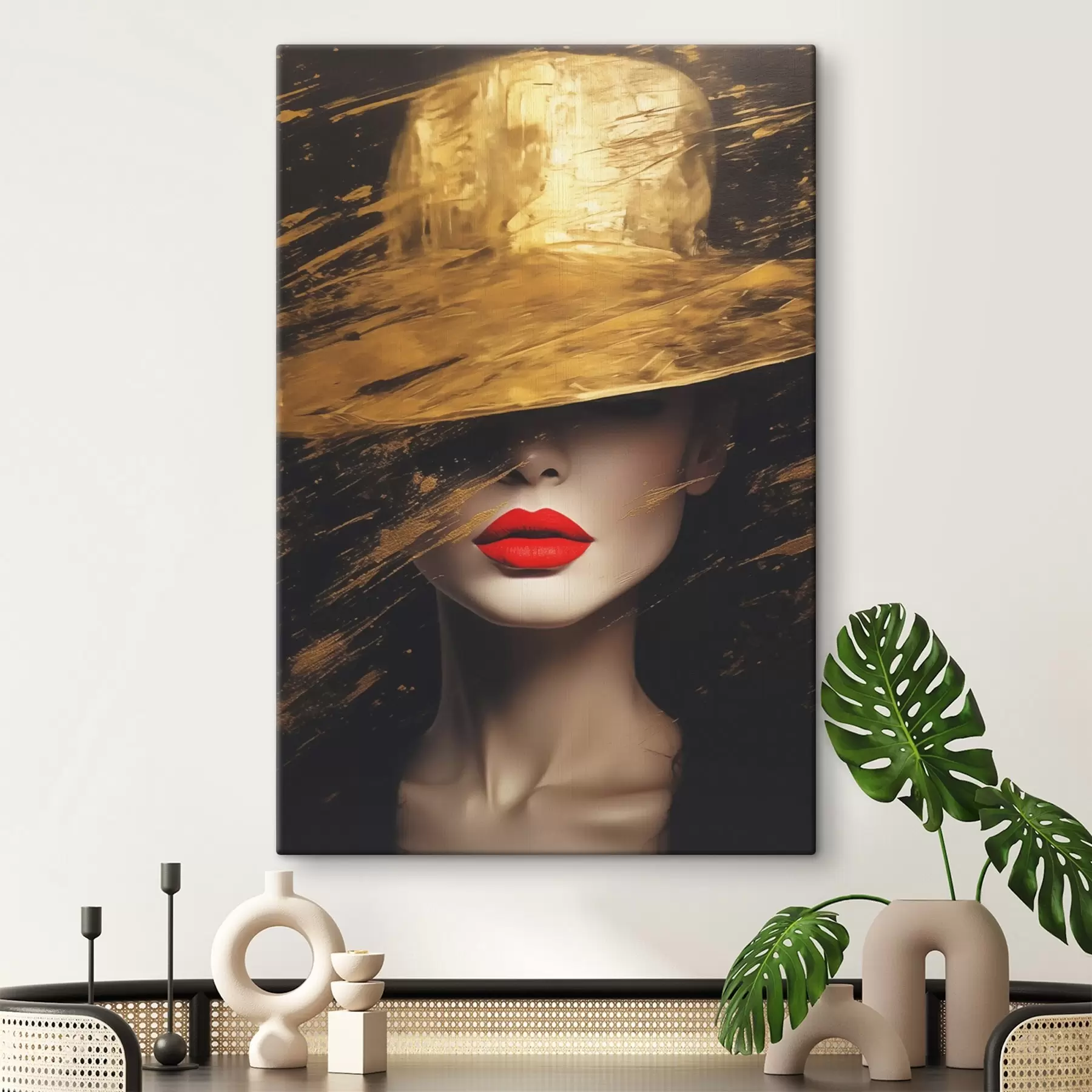Papier peint Visage féminin avec rouge à lèvres rouge sous un chapeau large s44691