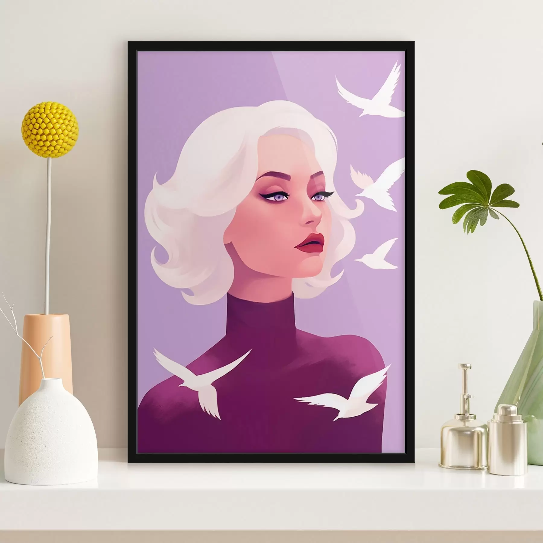 Papier peint Portrait de femme aux cheveux blancs sur fond d'oiseaux f44681
