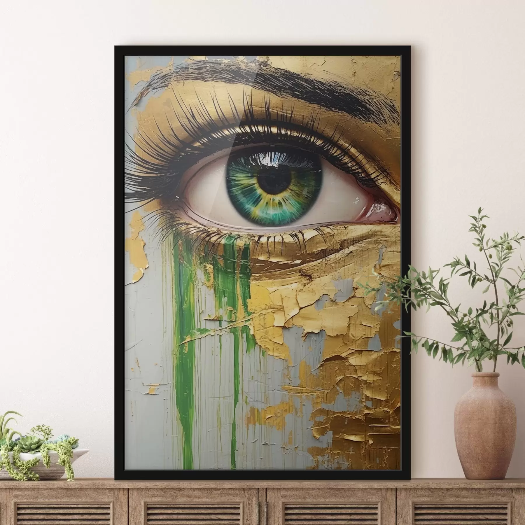 Tableau Oeil vert sur fond de peinture craquelée f44690