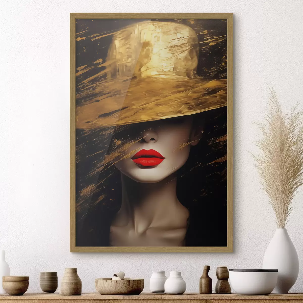Poster Lèvres rouges et chapeau doré f44691