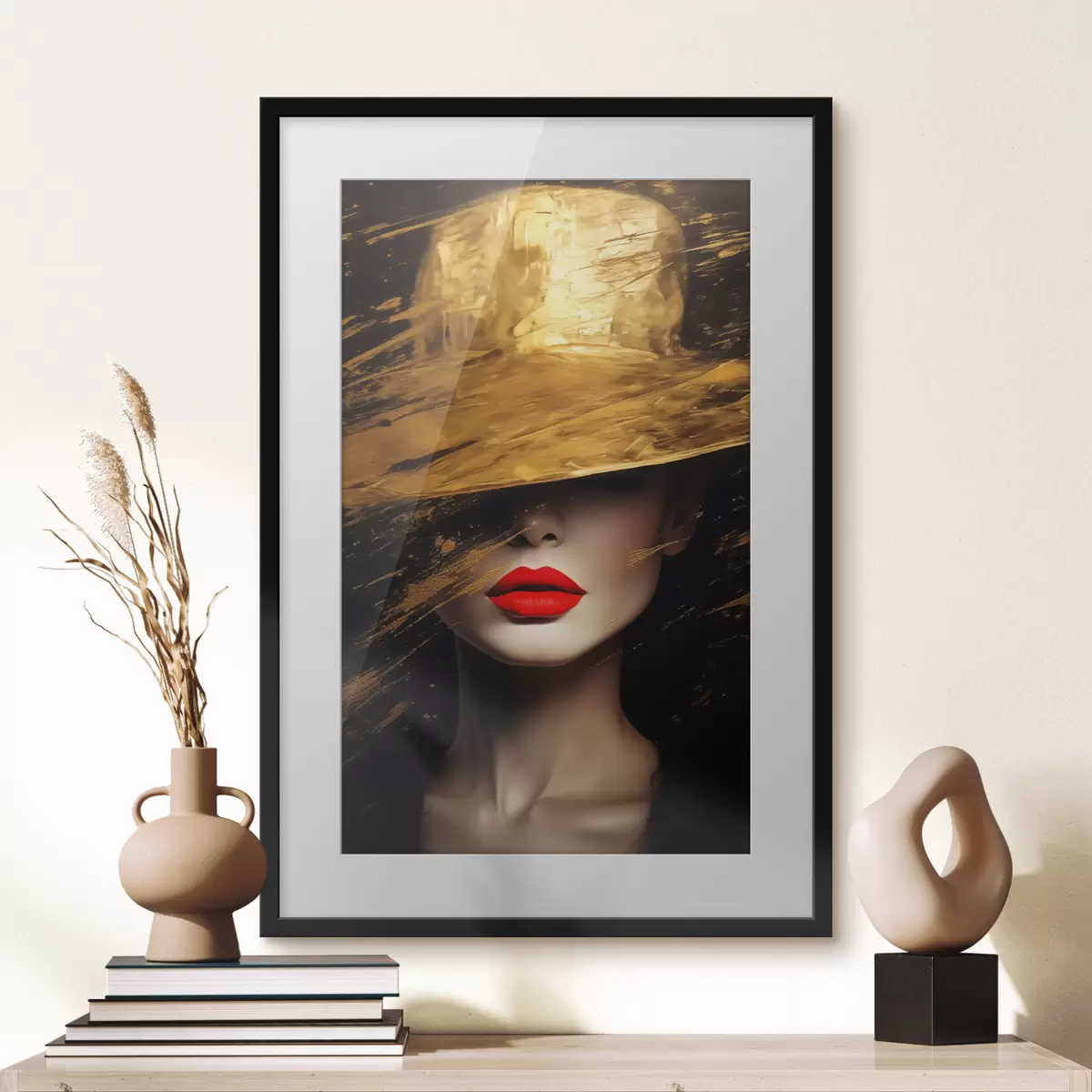 Poster Lèvres rouges et chapeau doré f44691