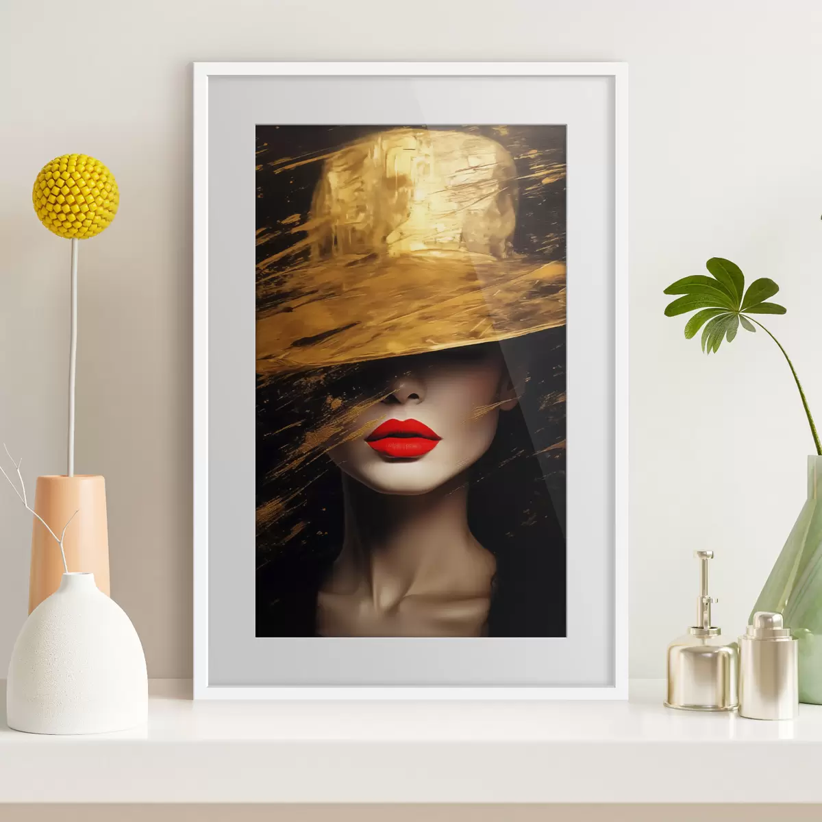 Poster Lèvres rouges et chapeau doré f44691