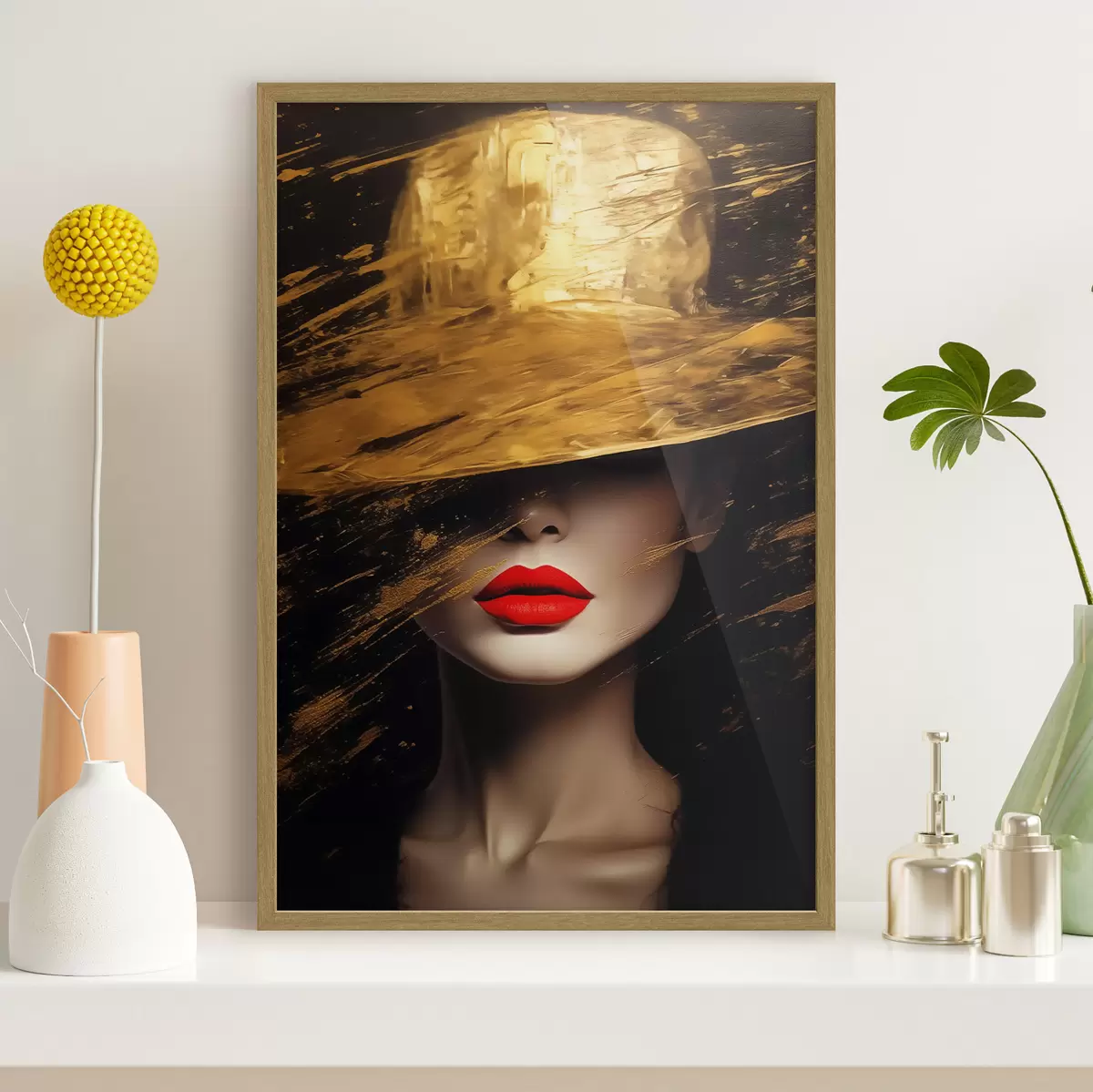 Poster Lèvres rouges et chapeau doré f44691
