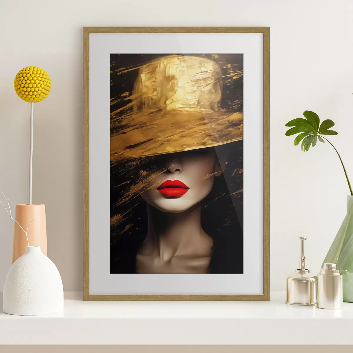 Poster Lèvres rouges et chapeau doré f44691