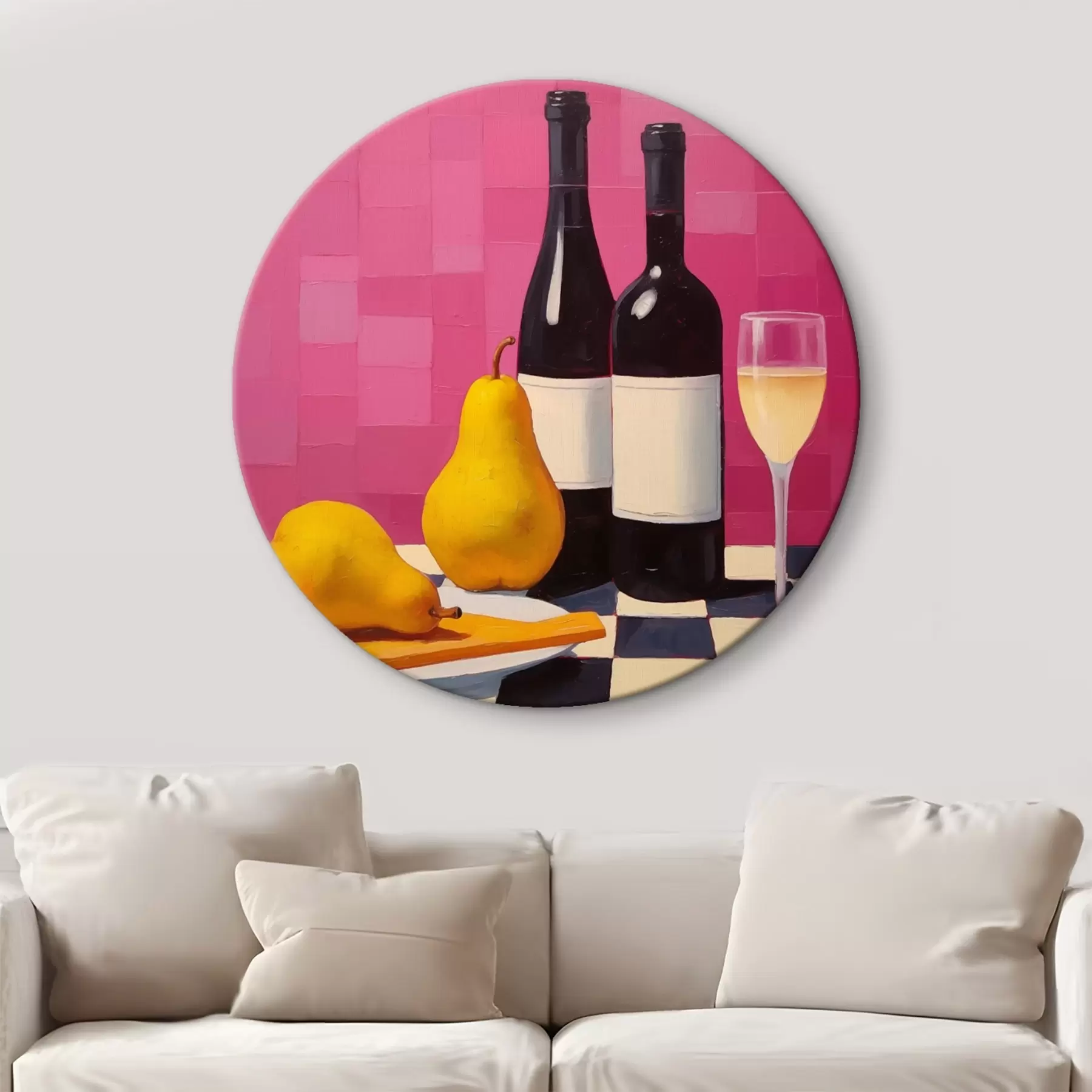 Tableau Poires, un verre de vin et deux bouteilles de vin r44683