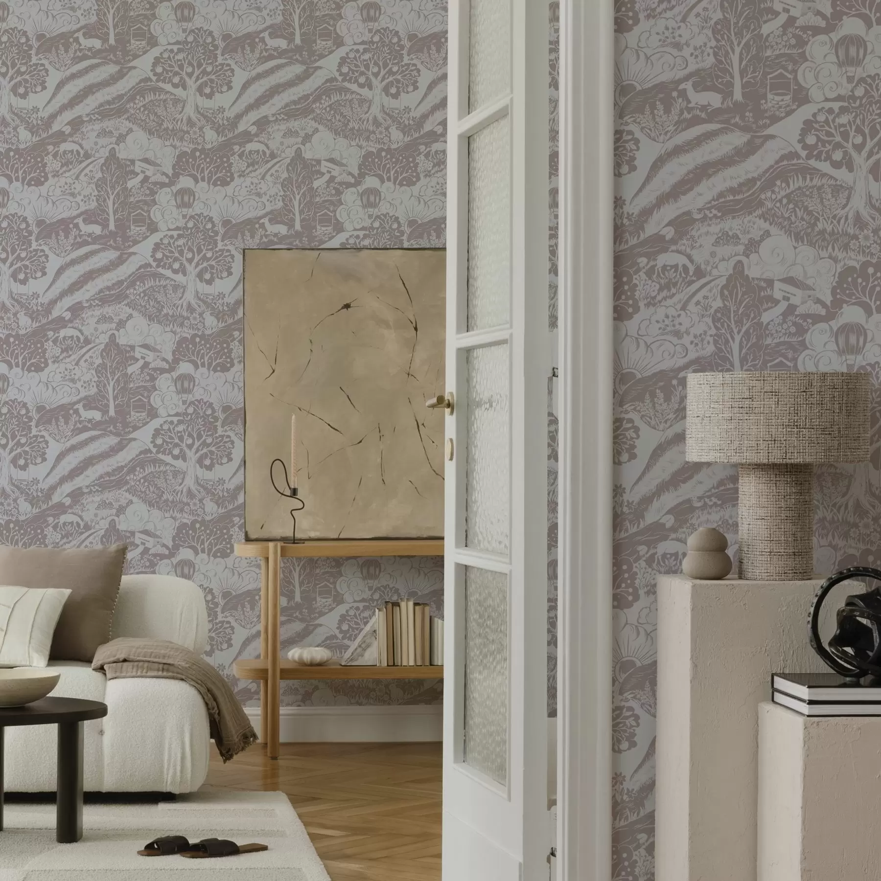 Papier peint Illustration de conte de fées pastel avec des animaux et des arbres a00172v1