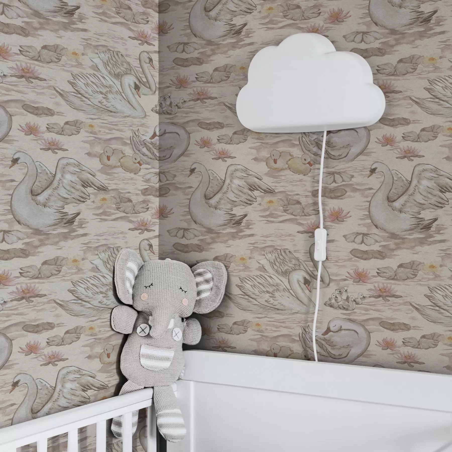 Papier peint Cygnes avec poussins sur fond rose avec nénuphars a00176