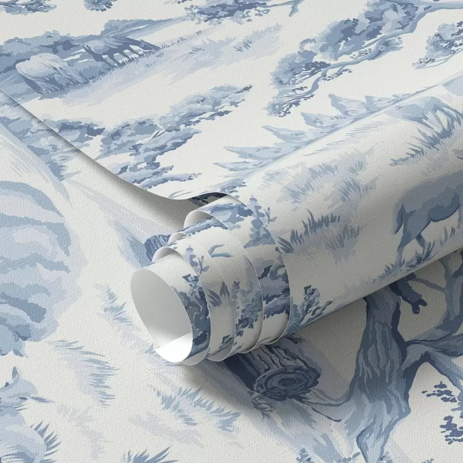 Papier peint Paysage rural dans les tons bleus avec des moutons et des arbres a00178