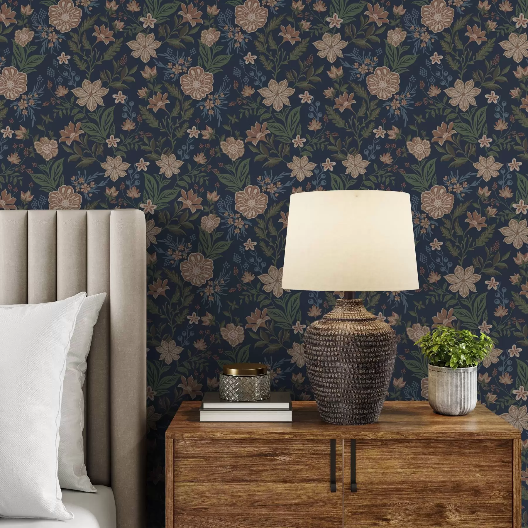 Papier peint Motif floral bleu foncé de style vintage a00183
