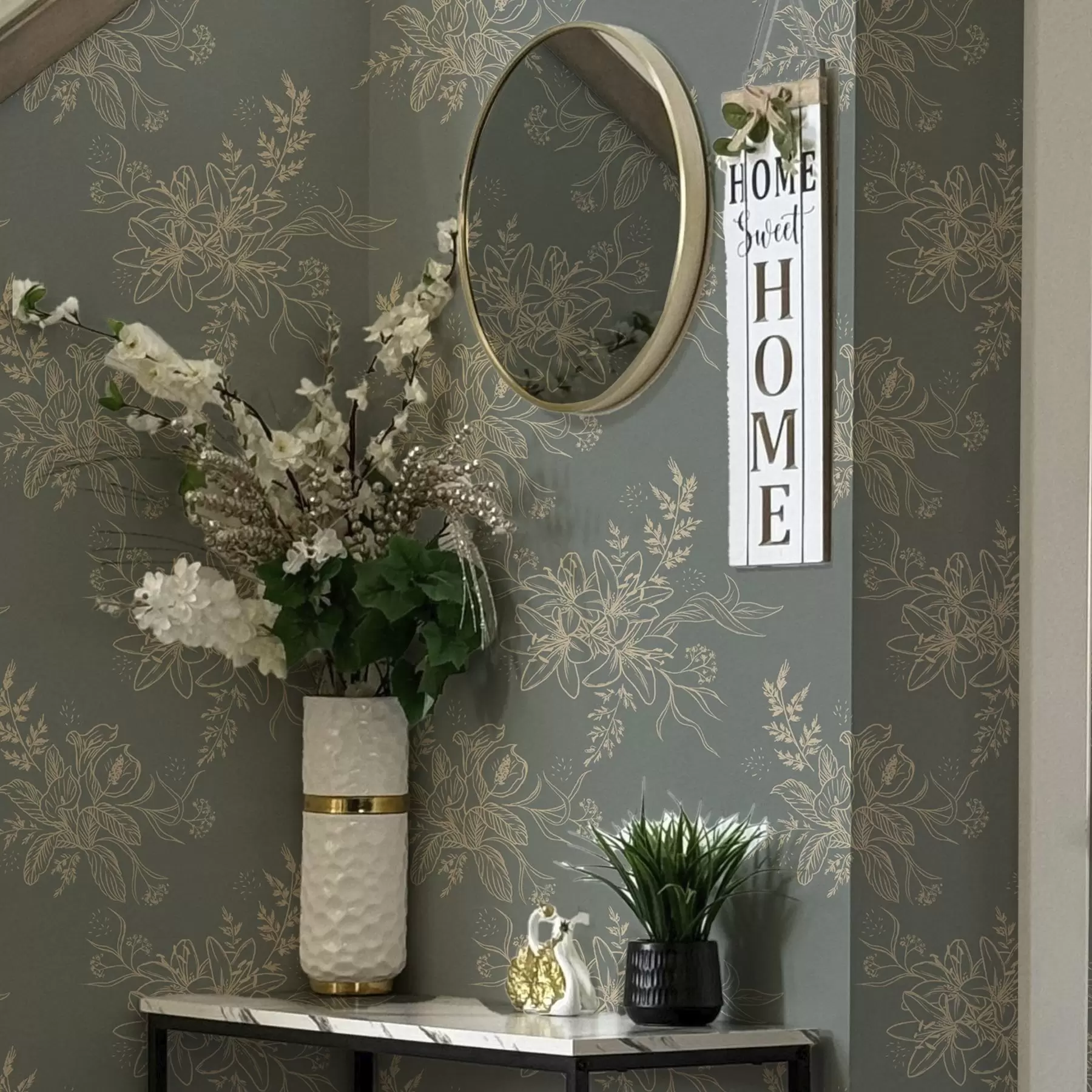 Papier peint Contour de fleurs sur fond bleu-gris, élégant motif botanique a00226