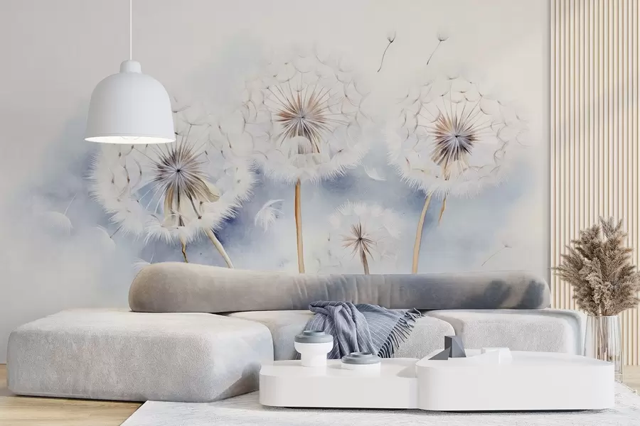 Papier peint Pissenlits texturés avec des graines flottant dans l'air, fond bleu clair et blanc, style de dessin doux et délicat w09190