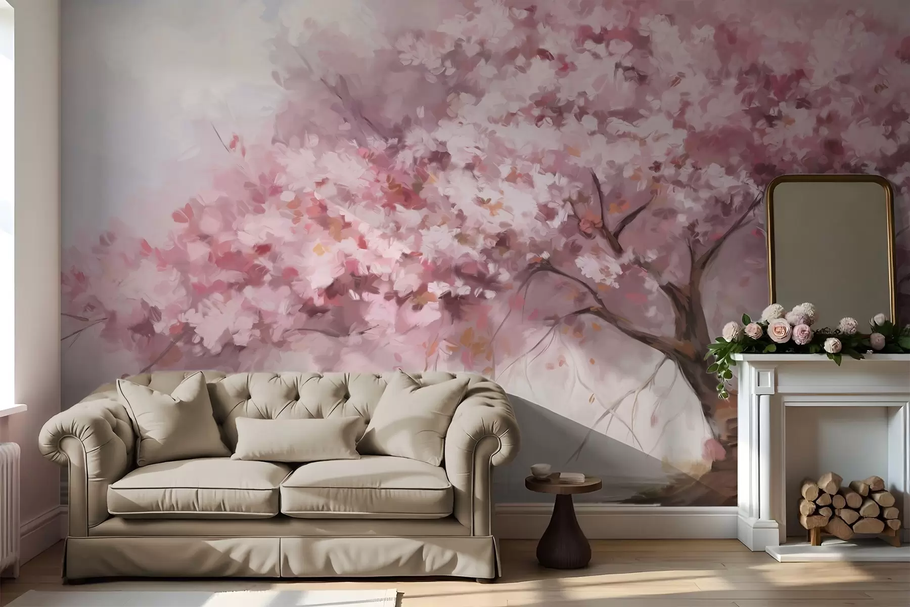 Papier peint Abstrait : arbre à fleurs roses en pleine floraison, près d'une rivière, coups de pinceau doux et texturés et couleurs pastel w09193