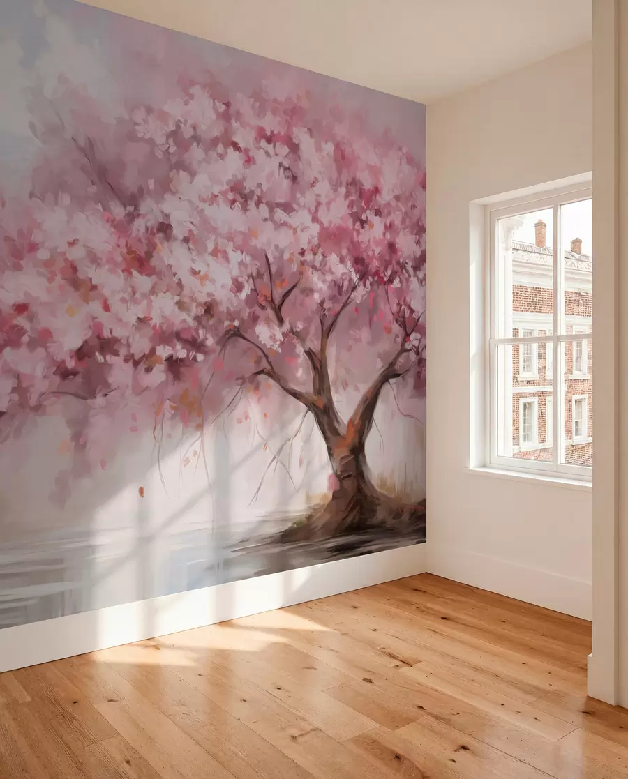 Papier peint Abstrait : arbre à fleurs roses en pleine floraison, près d'une rivière, coups de pinceau doux et texturés et couleurs pastel w09193