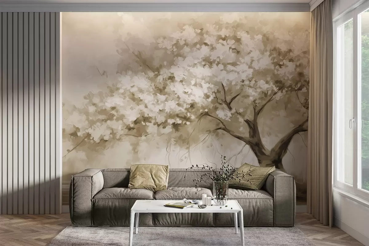Papier peint Abstrait : arbre à fleurs beige en pleine floraison, près d'une rivière, coups de pinceau doux et texturés et couleurs pastel w09193v1