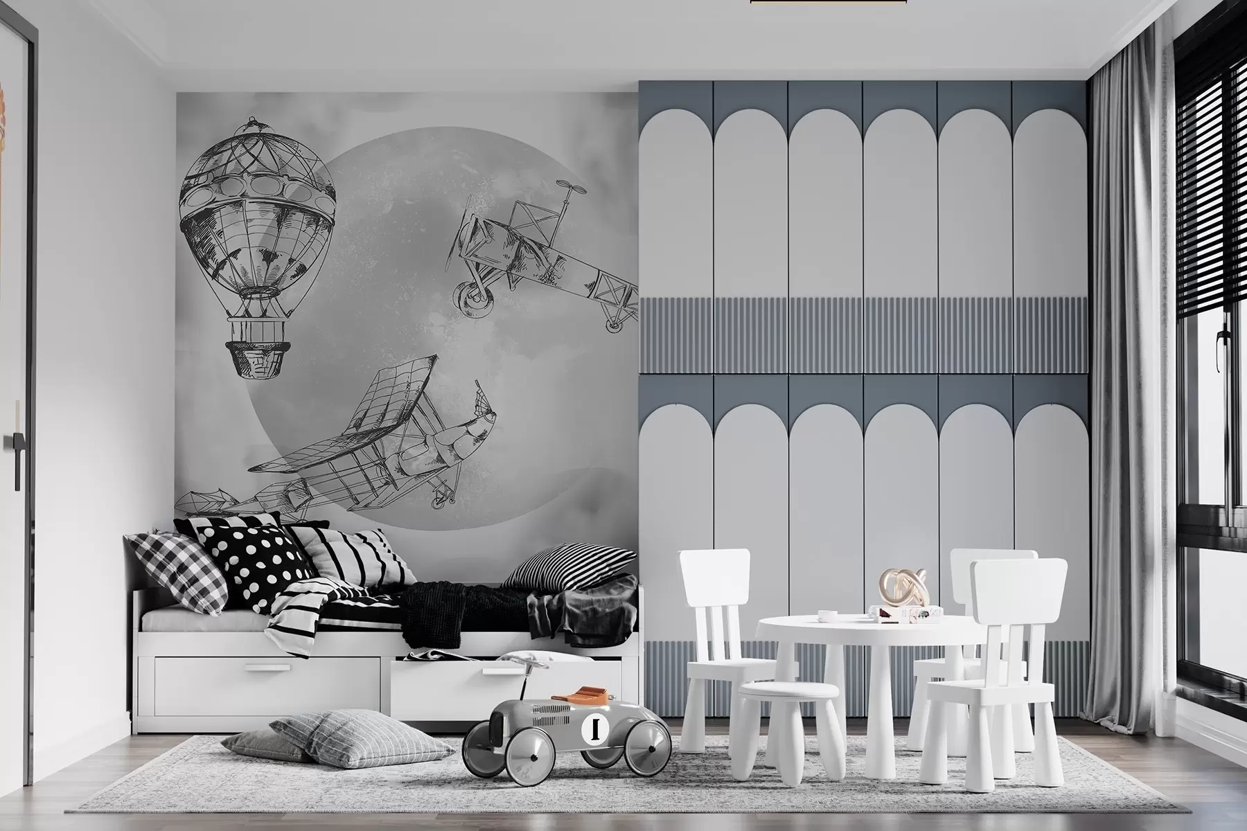 Papier peint Avions rétro sur fond de lune et de nuages w04085