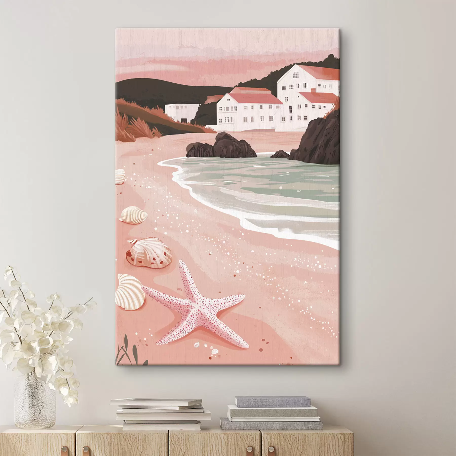 Tableau Douce plage rose avec des maisons blanches et des coquillages  s44713