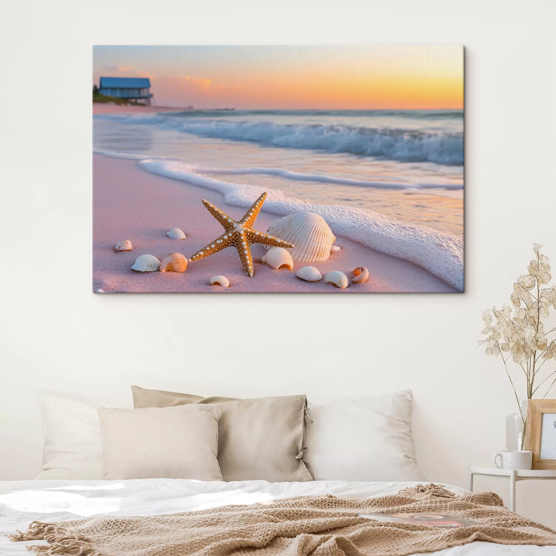 Tableau Côte maritime avec étoiles de mer, coquillages et vagues s44714