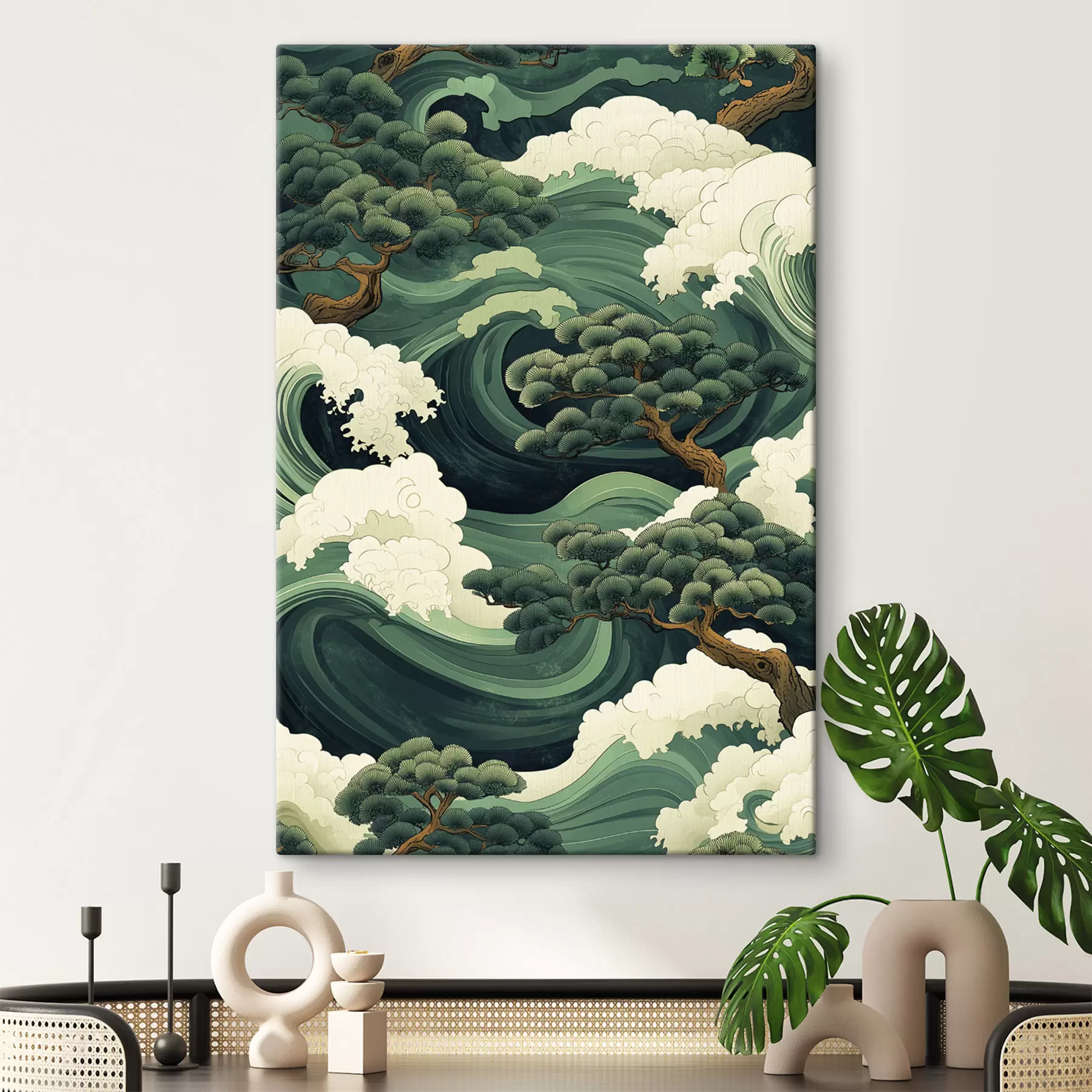 Tableau Dessin de style chinois avec des vagues et des pins s44719