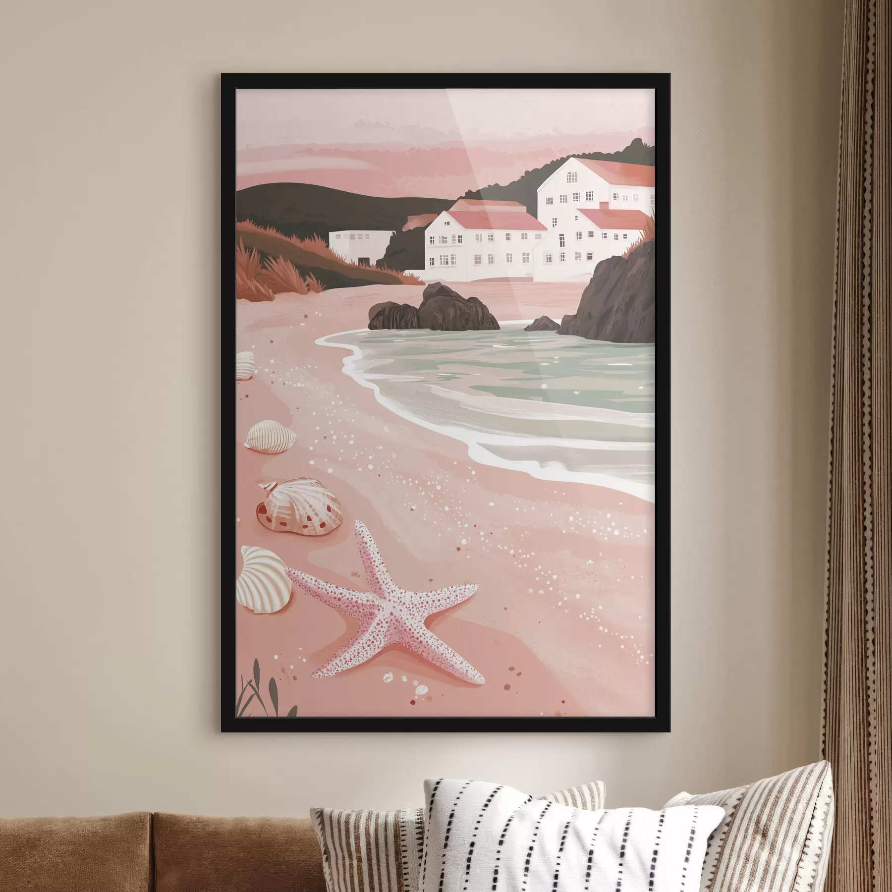 Papier peint Douce plage rose avec des maisons blanches et des coquillages f44713
