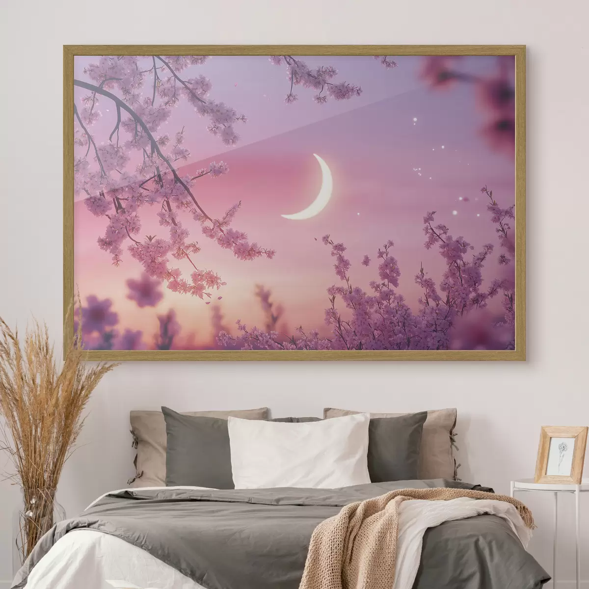 Poster Fleur de cerisier, ciel rose avec lune brillante, réalisme f44715