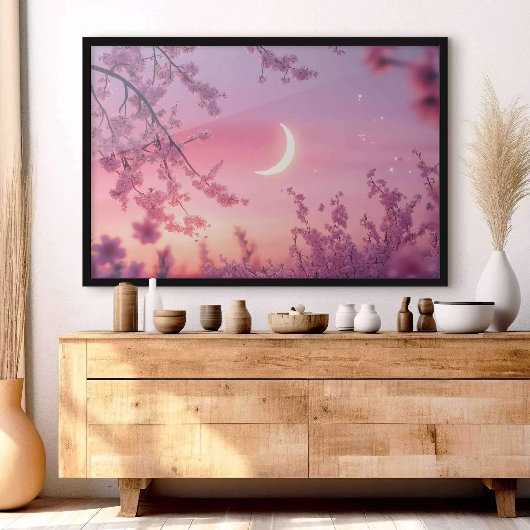 Papier peint Fleur de cerisier, ciel rose avec lune brillante, réalisme f44715