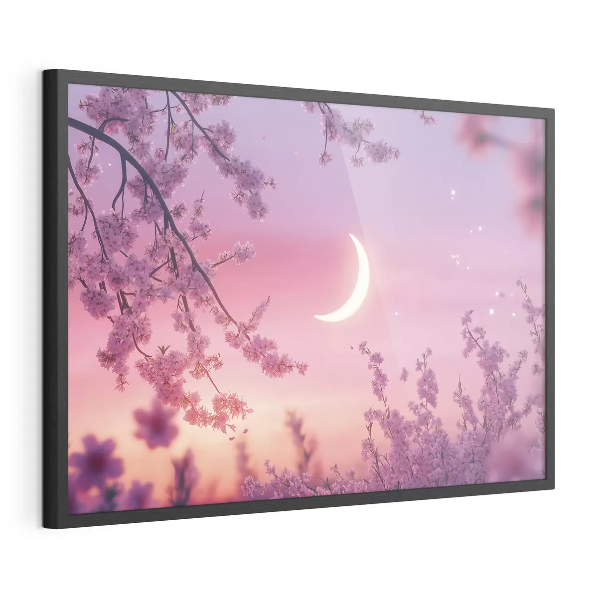 Poster Fleur de cerisier, ciel rose avec lune brillante, réalisme f44715
