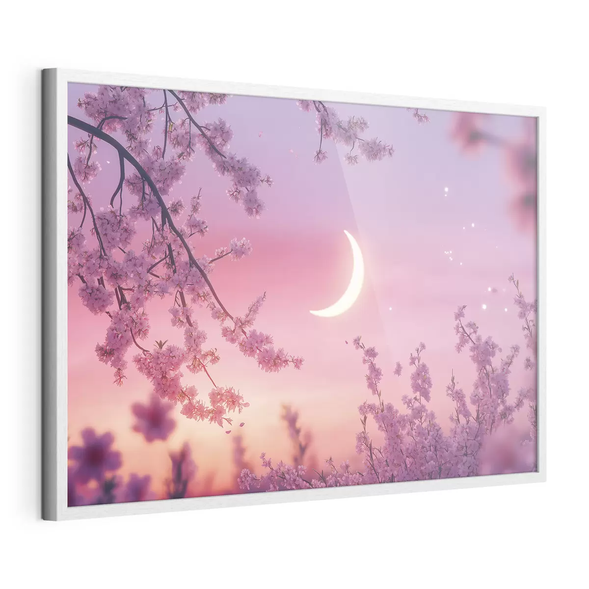 Poster Fleur de cerisier, ciel rose avec lune brillante, réalisme f44715