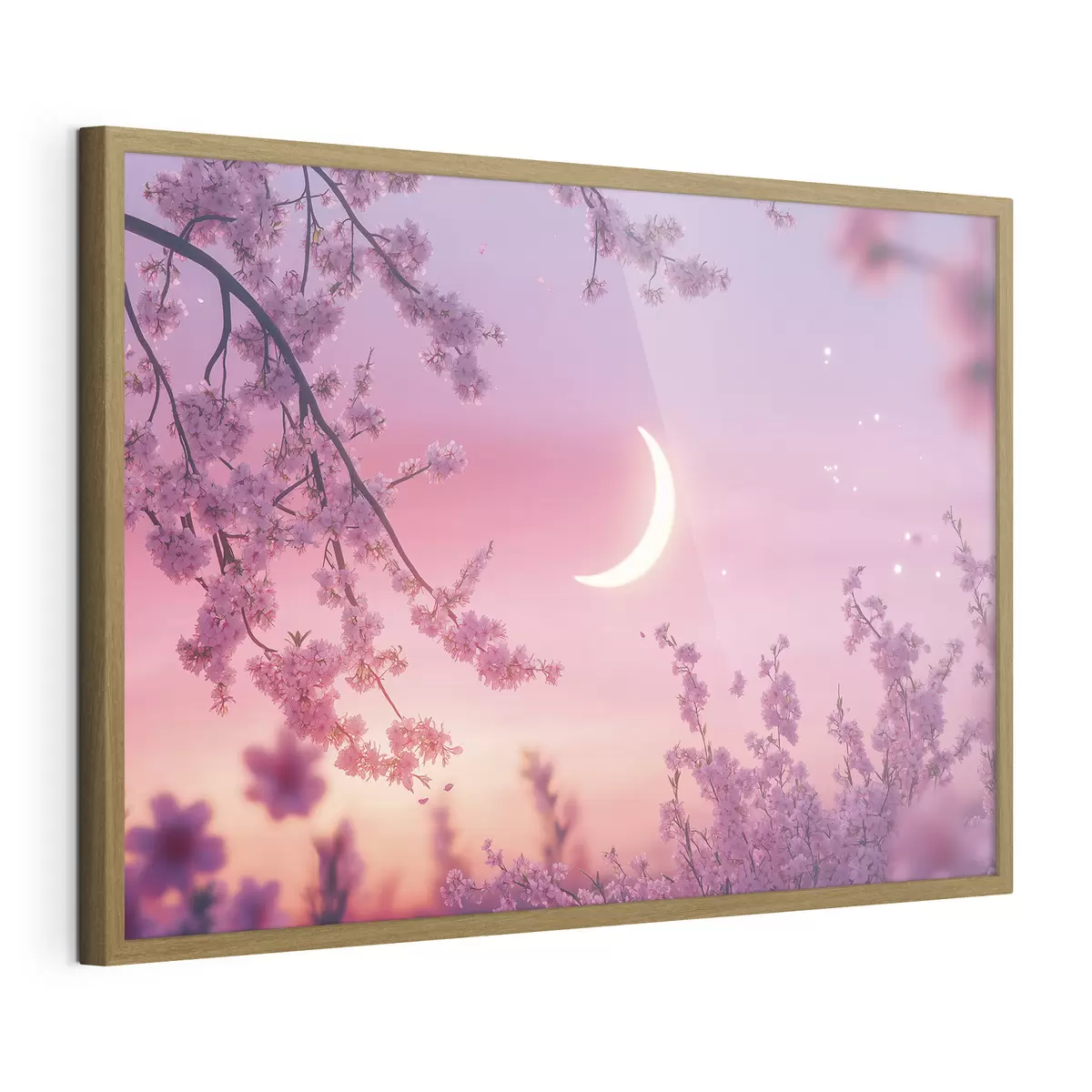 Poster Fleur de cerisier, ciel rose avec lune brillante, réalisme f44715