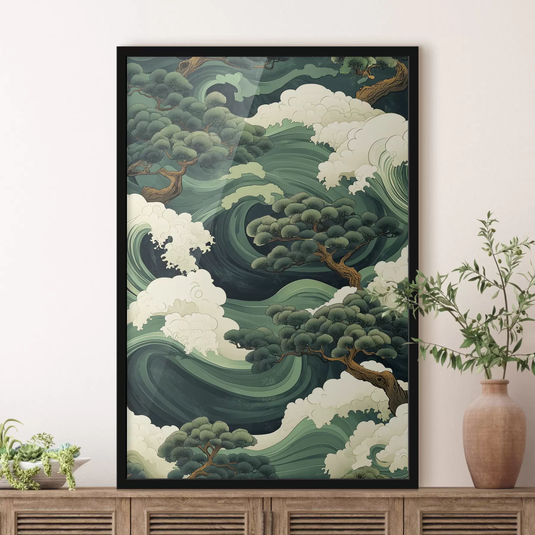 Papier peint Dessin de style chinois avec des vagues et des pins f44719