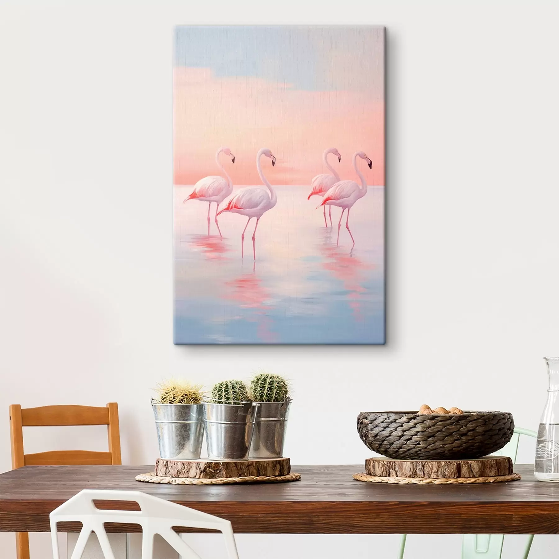 Tableau Flamants roses en eau peu profonde au coucher du soleil s44732