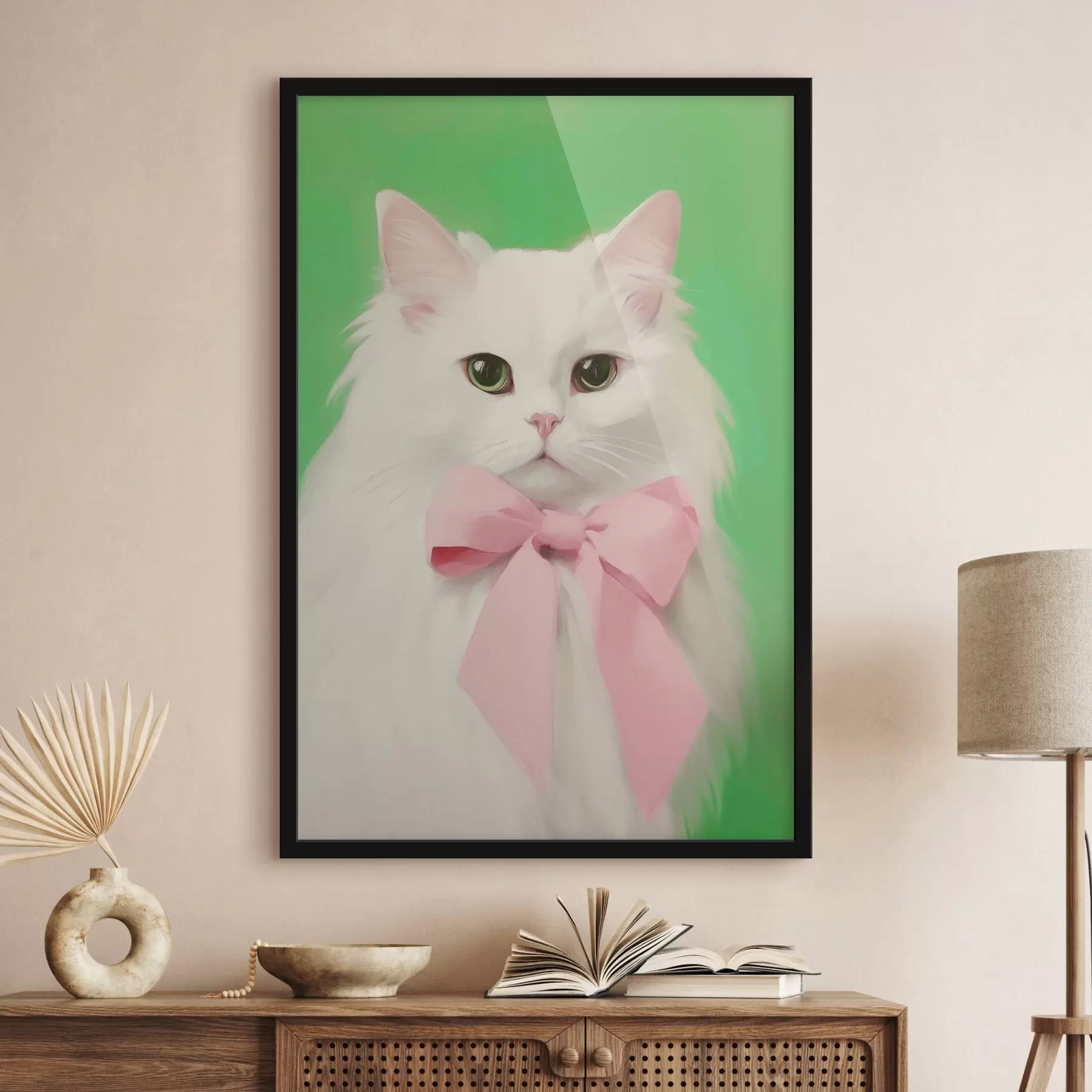 Papier peint Chat blanc avec nœud rose f44739