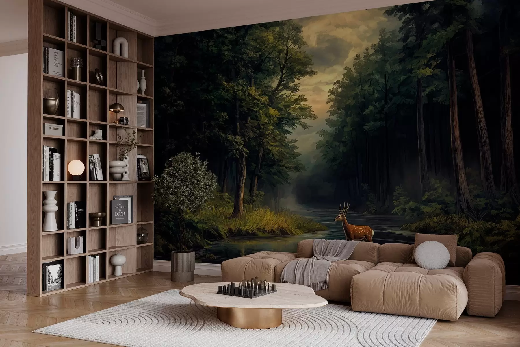 Papier peint Forêt avec cerfs et rivière dans le style de la peinture à l'huile hollandaise w04072