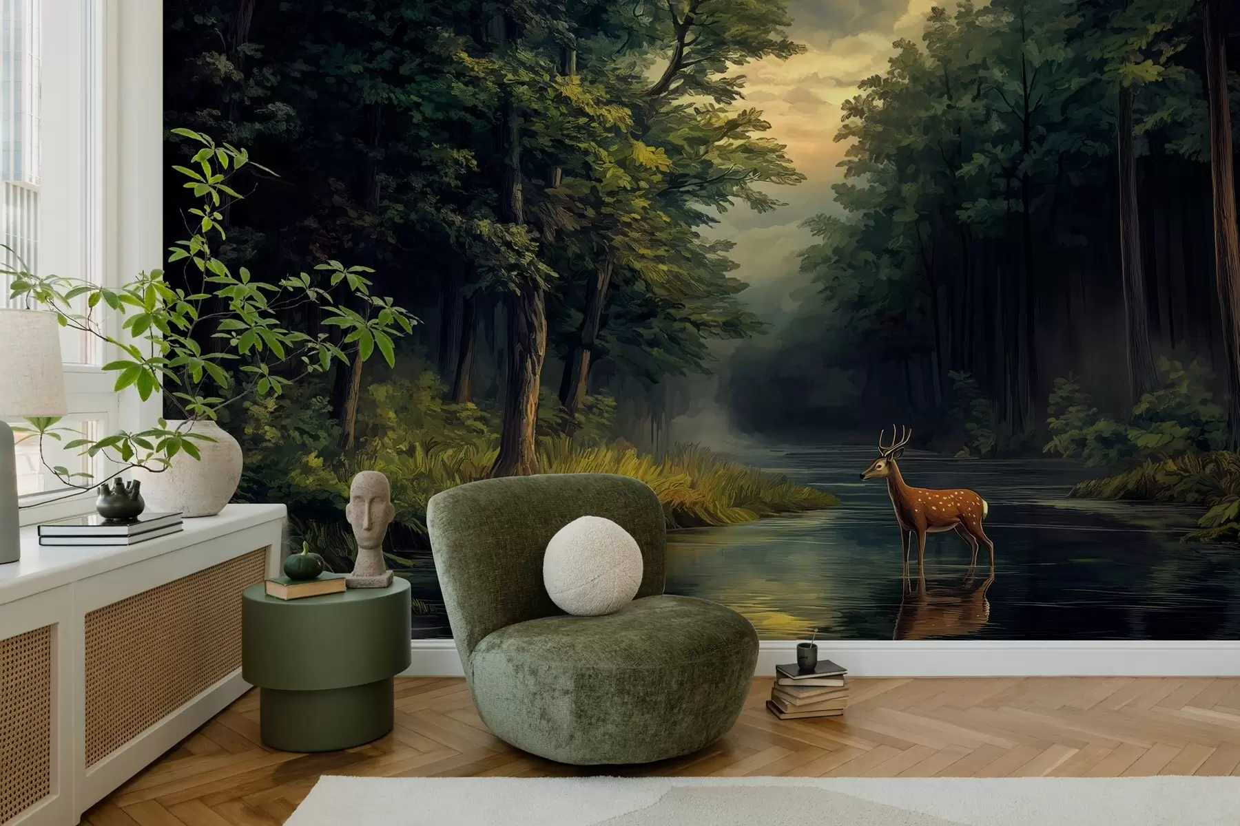 Papier peint Forêt avec cerfs et rivière dans le style de la peinture à l'huile hollandaise w04072