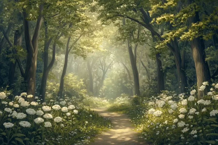 Papier peint Chemin dans la forêt verte, fleurs blanches, lumière du soleil, dessin de style acrylique w04119